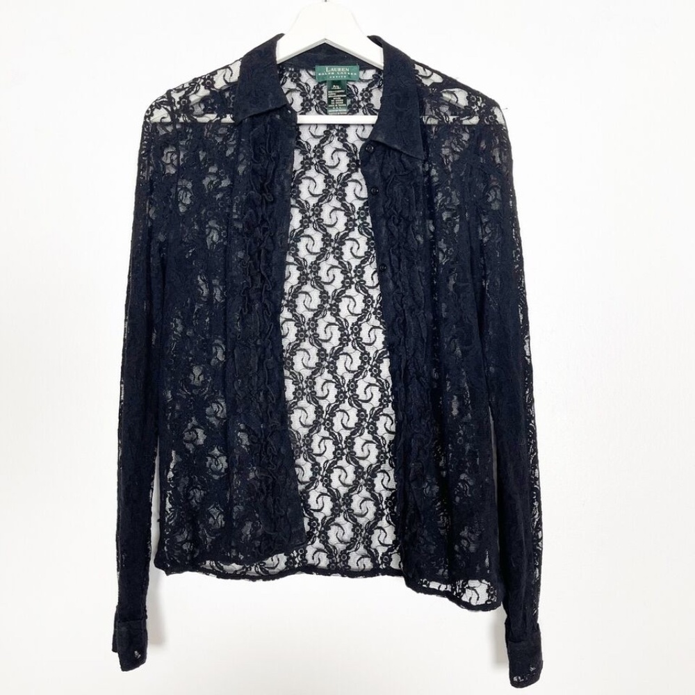 Ralph Lauren Green Label Women's Petite Small PS Blouse Black Lace Ruffle Shirt